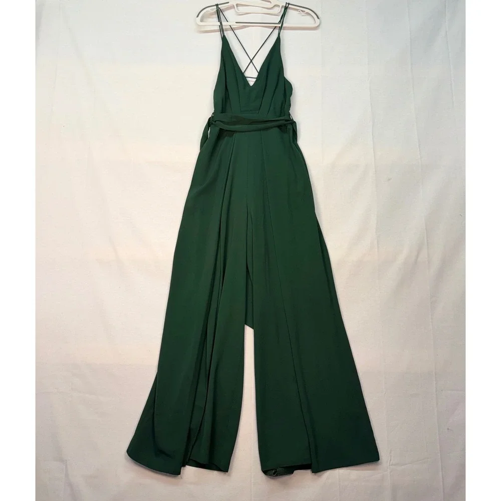 Lulus Forest Green Wide Leg Slit Jumpsuit XS V-Neck Strappy Back Formal Evening